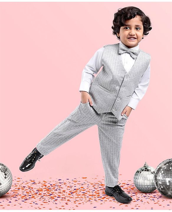 Babyhug Full Sleeves Striped Party Suit With Bow - Grey