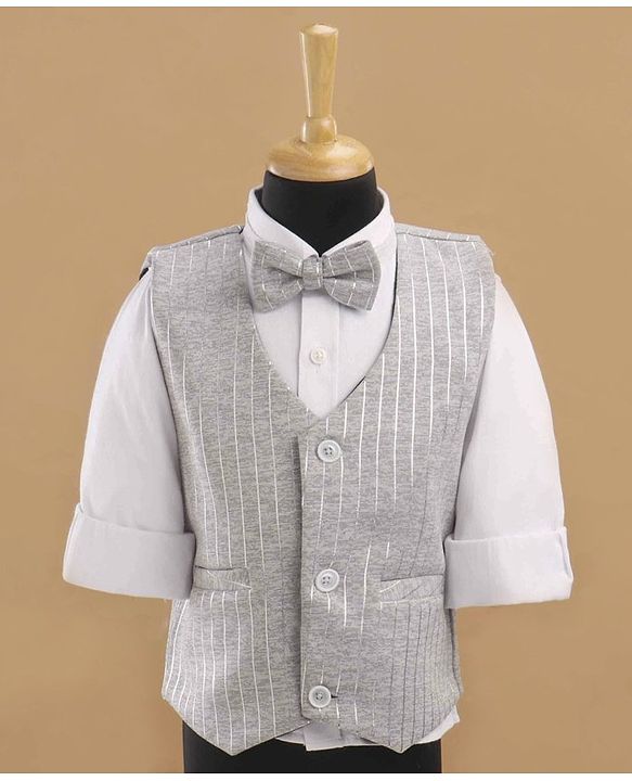 Babyhug Full Sleeves Striped Party Suit With Bow - Grey