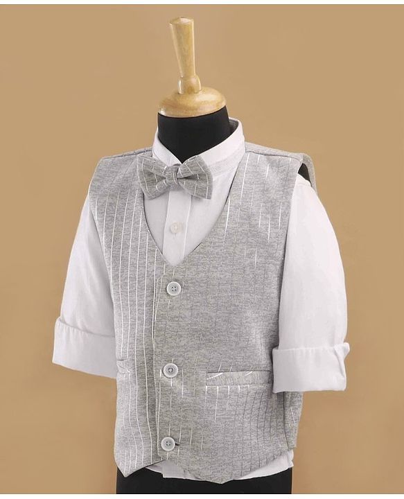 Babyhug Full Sleeves Striped Party Suit With Bow - Grey