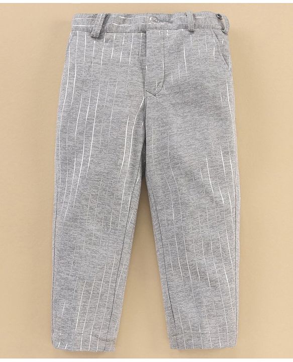 Babyhug Full Sleeves Striped Party Suit With Bow - Grey
