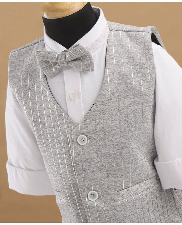 Babyhug Full Sleeves Striped Party Suit With Bow - Grey