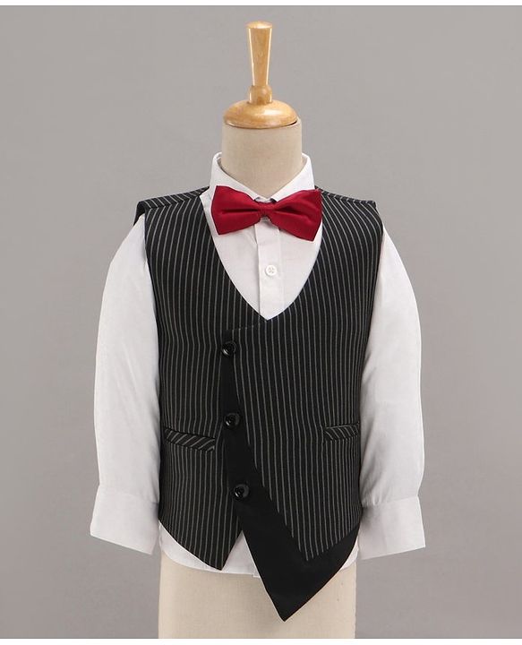 Babyhug Full Sleeves Striped Party Suit with Bow Tie - Black