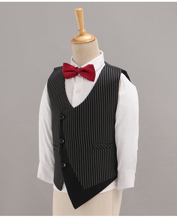 Babyhug Full Sleeves Striped Party Suit with Bow Tie - Black