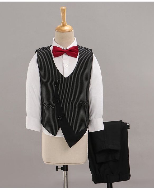 Babyhug Full Sleeves Striped Party Suit with Bow Tie - Black