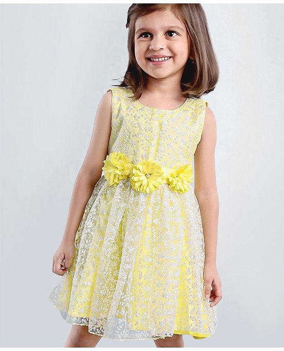 Babyhug Sleeveless Party Wear Frock Floral Embroidered - Yellow