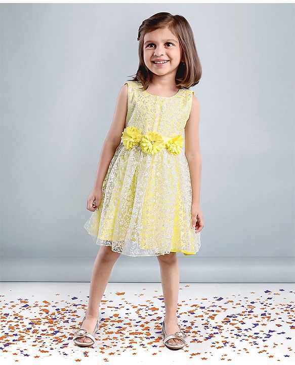 Babyhug Sleeveless Party Wear Frock Floral Embroidered - Yellow