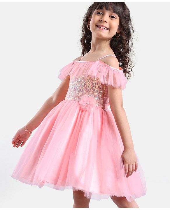 Babyhug Mesh Sleeveless Sequinned Frock - Pink