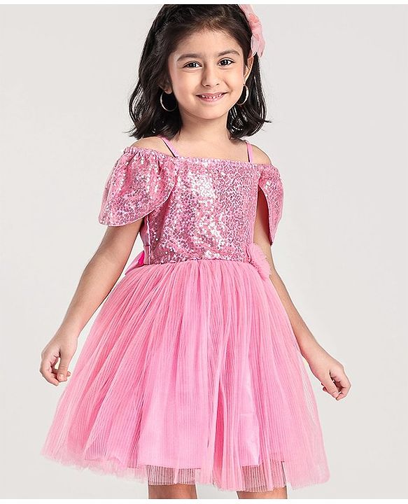 Babyhug Cap Sleeves Cold Shoulder Sequinned Party Wear Frock with Flower Applique - Pink