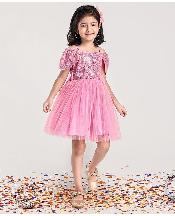 Babyhug Cap Sleeves Cold Shoulder Sequinned Party Wear Frock with Flower Applique - Pink