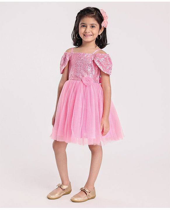 Babyhug Cap Sleeves Cold Shoulder Sequinned Party Wear Frock with Flower Applique - Pink