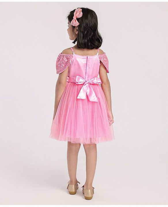 Babyhug Cap Sleeves Cold Shoulder Sequinned Party Wear Frock with Flower Applique - Pink