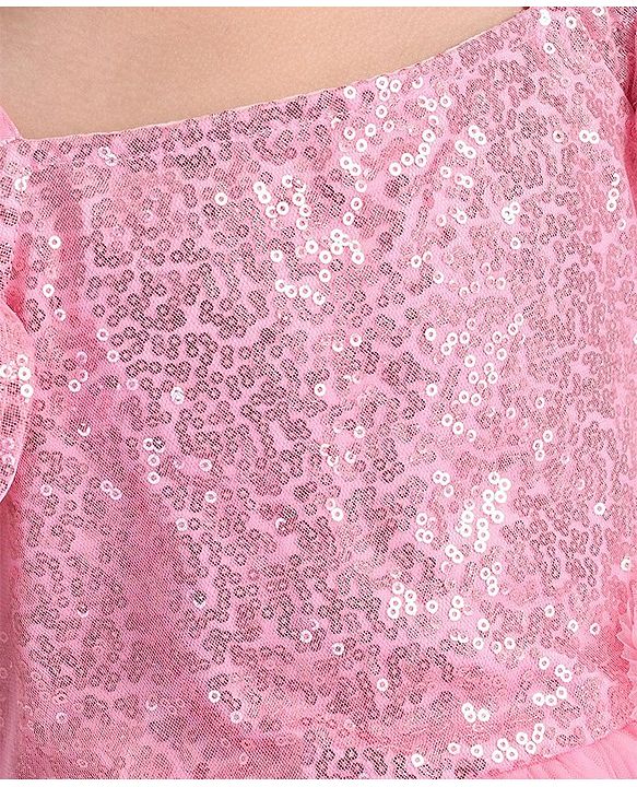 Babyhug Cap Sleeves Cold Shoulder Sequinned Party Wear Frock with Flower Applique - Pink
