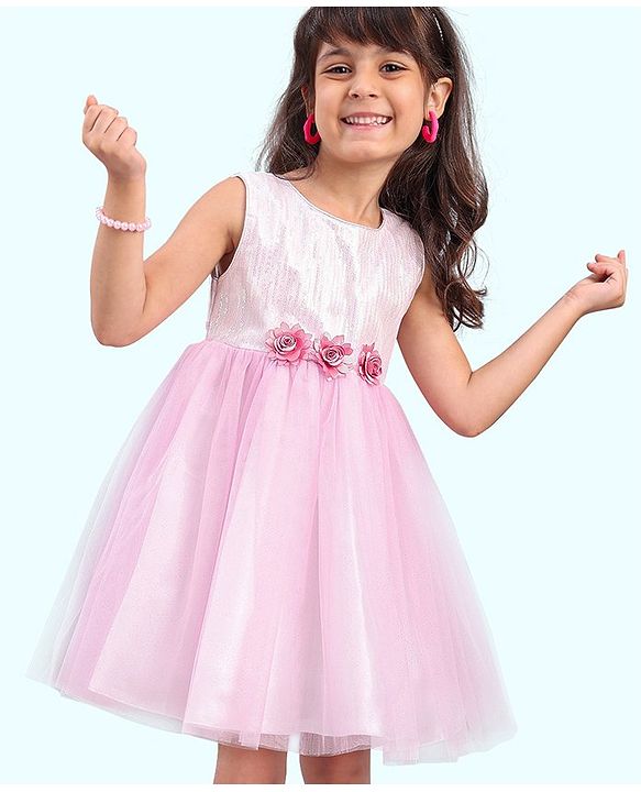 Babyhug Sleeveless Party Wear Frock With Sequin & Flower Applique - Rose