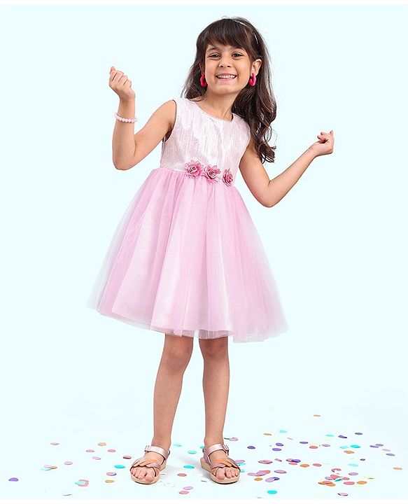 Babyhug Sleeveless Party Wear Frock With Sequin & Flower Applique - Rose