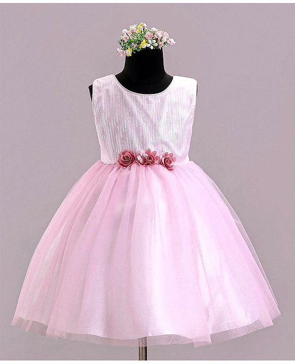 Babyhug Sleeveless Party Wear Frock With Sequin & Flower Applique - Rose