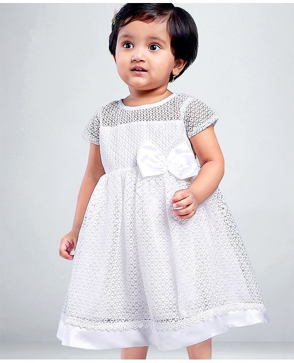 Babyhug Party Wear Cap Sleeves  Frock Bow Applique - Whute