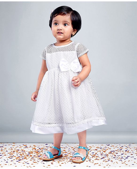Babyhug Party Wear Cap Sleeves  Frock Bow Applique - Whute