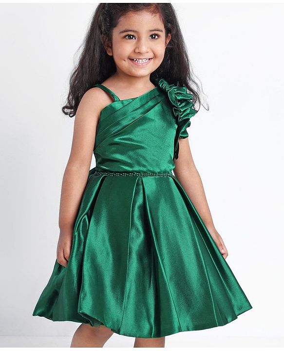 Babyhug Sleeveless Party Wear Pleated Frock Ruffle Detailing - Green