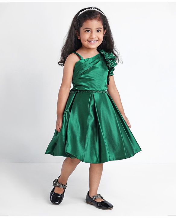 Babyhug Sleeveless Party Wear Pleated Frock Ruffle Detailing - Green