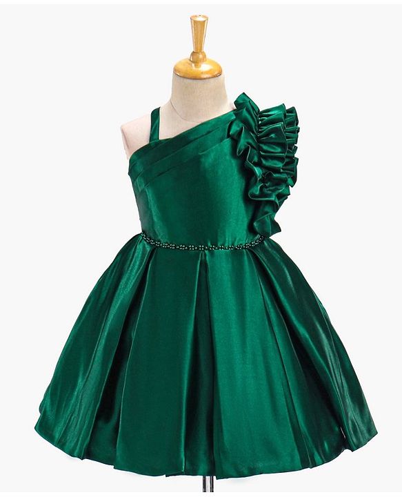 Babyhug Sleeveless Party Wear Pleated Frock Ruffle Detailing - Green