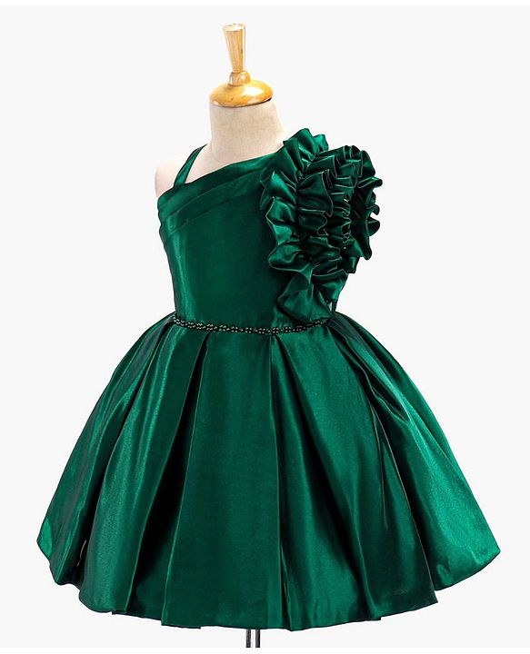 Babyhug Sleeveless Party Wear Pleated Frock Ruffle Detailing - Green