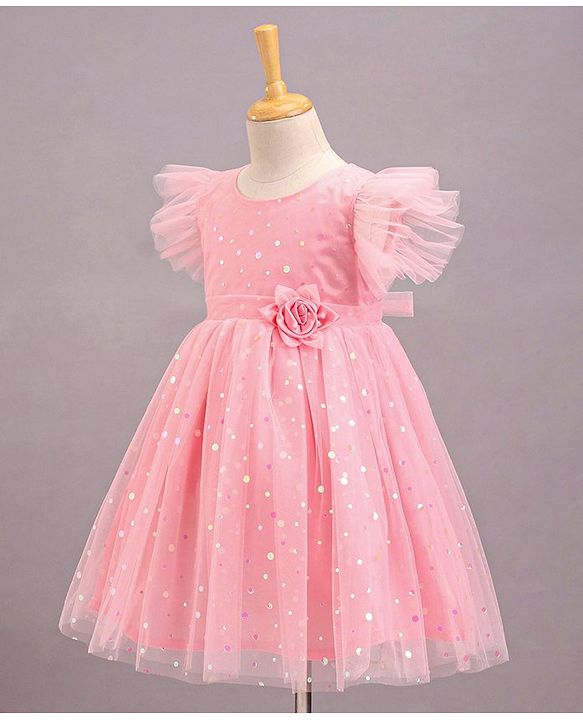 Babyhug Frill Sleeves Party Wear Mesh Frock With Sequin Detailing & Floral Corsage- Peach