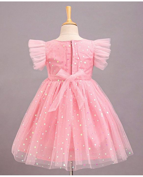 Babyhug Frill Sleeves Party Wear Mesh Frock With Sequin Detailing & Floral Corsage- Peach