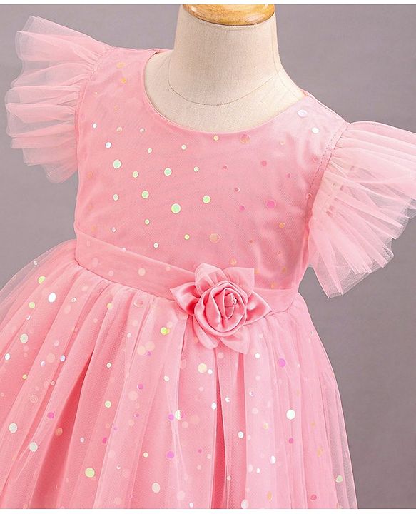 Babyhug Frill Sleeves Party Wear Mesh Frock With Sequin Detailing & Floral Corsage- Peach