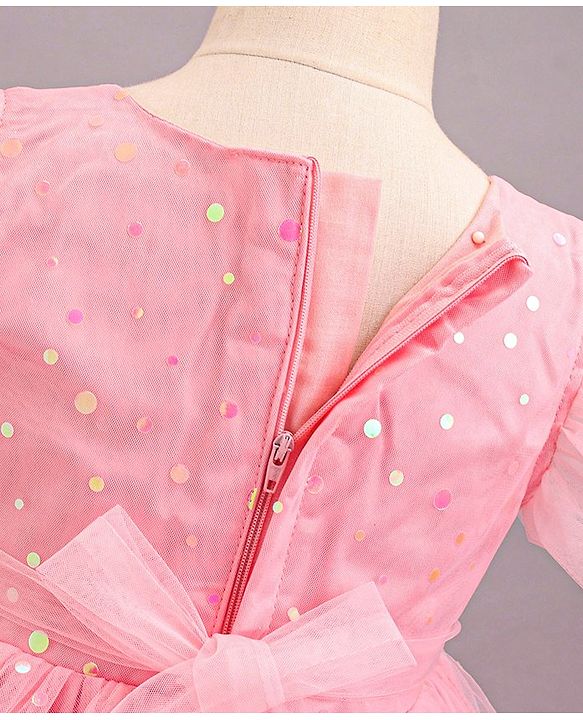 Babyhug Frill Sleeves Party Wear Mesh Frock With Sequin Detailing & Floral Corsage- Peach