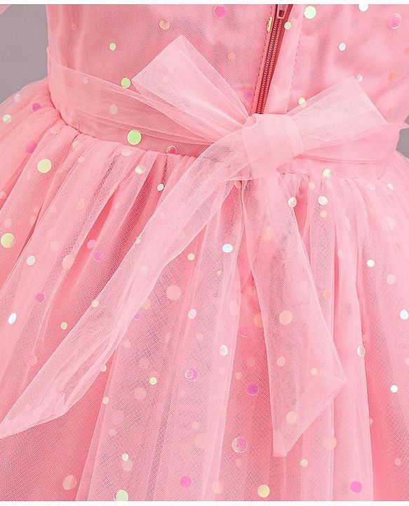 Babyhug Frill Sleeves Party Wear Mesh Frock With Sequin Detailing & Floral Corsage- Peach