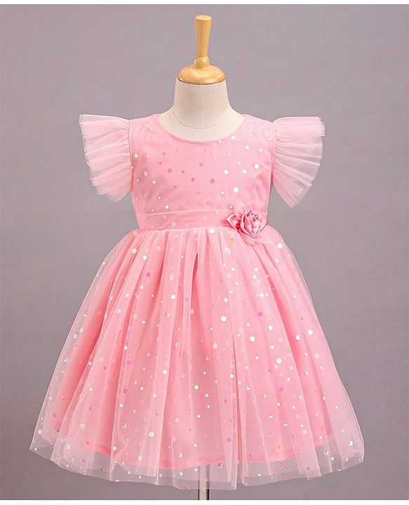 Babyhug Frill Sleeves Party Wear Mesh Frock With Sequin Detailing & Floral Corsage- Peach