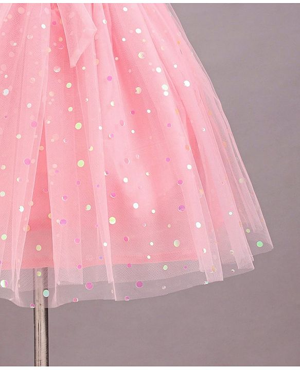 Babyhug Frill Sleeves Party Wear Mesh Frock With Sequin Detailing & Floral Corsage- Peach