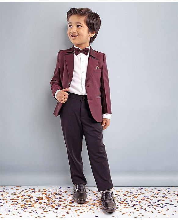 Babyhug Full Sleeves 3 Piece Party Suit With Bow - Maroon