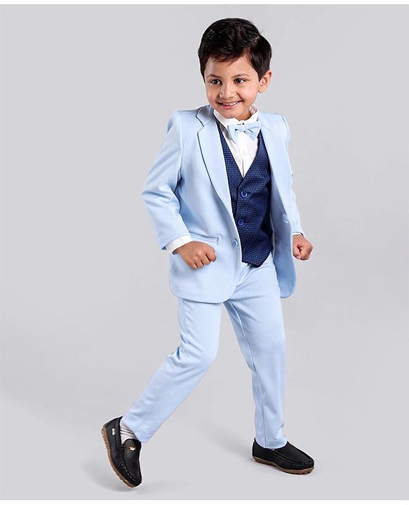 Babyhug Full Sleeves Party Wear Suit with Waistcoat & Bow - Blue