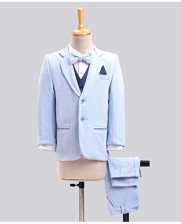 Babyhug Full Sleeves Party Wear Suit with Waistcoat & Bow - Blue