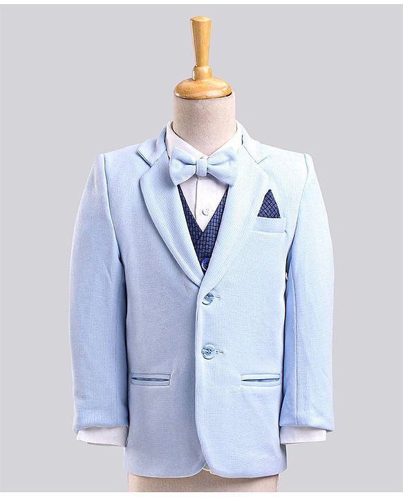 Babyhug Full Sleeves Party Wear Suit with Waistcoat & Bow - Blue