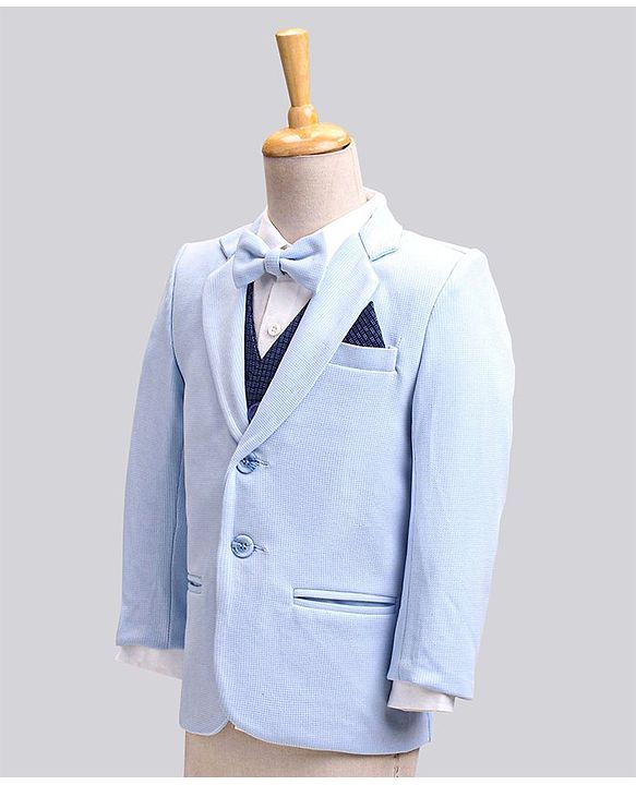 Babyhug Full Sleeves Party Wear Suit with Waistcoat & Bow - Blue