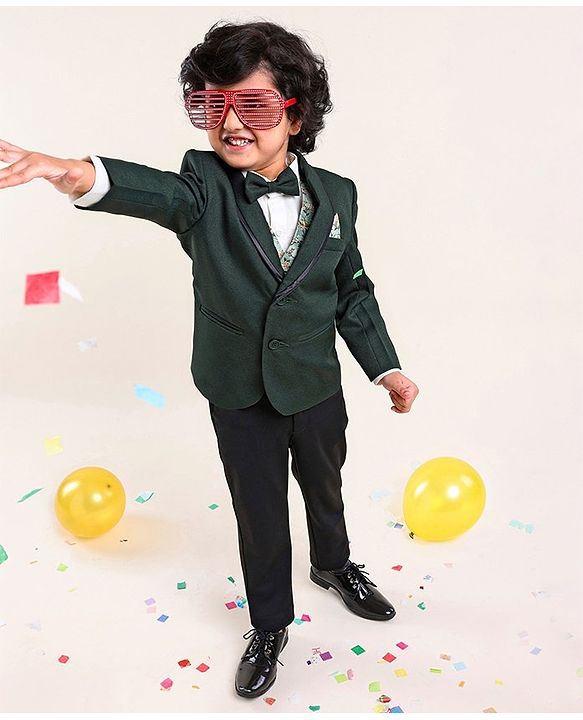 Babyhug Full Sleeves Stretch Fit Party Suit With Waist Coat & Bow - Green & Black