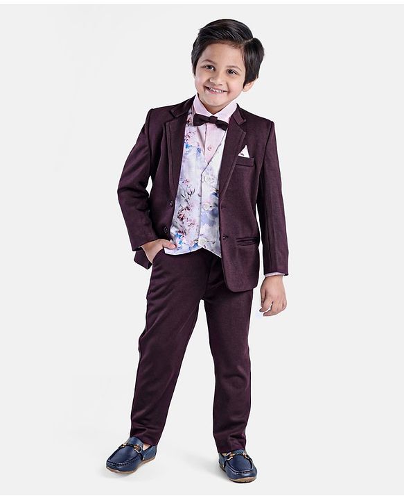 Babyhug Full Sleeves 5 Piece Stretch Fit Party Suit With Waist Coat & Bow - Maroon
