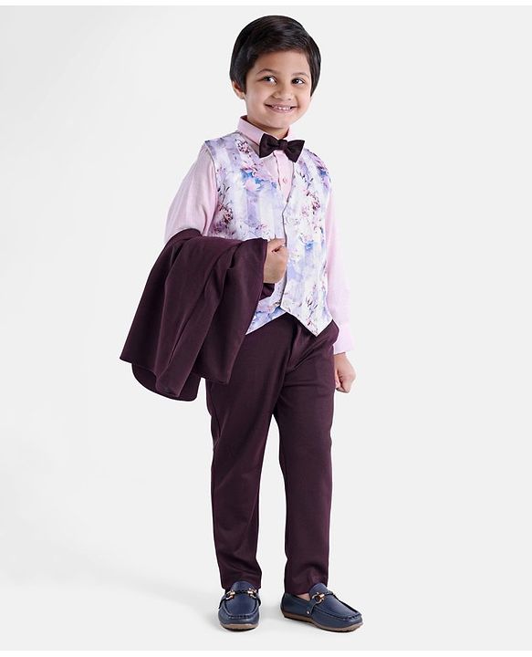 Babyhug Full Sleeves 5 Piece Stretch Fit Party Suit With Waist Coat & Bow - Maroon
