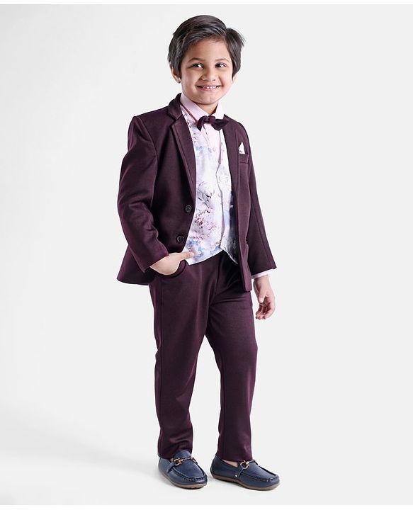 Babyhug Full Sleeves 5 Piece Stretch Fit Party Suit With Waist Coat & Bow - Maroon