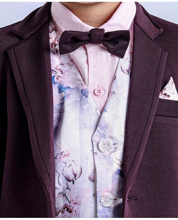 Babyhug Full Sleeves 5 Piece Stretch Fit Party Suit With Waist Coat & Bow - Maroon