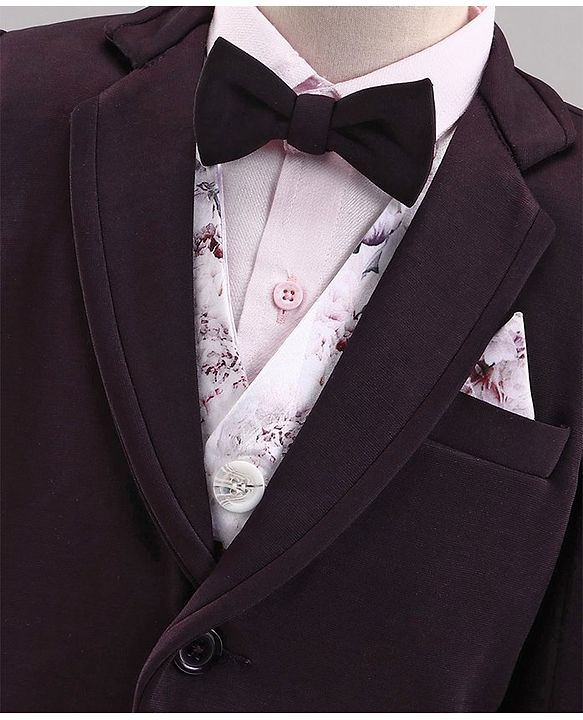 Babyhug Full Sleeves 5 Piece Stretch Fit Party Suit With Waist Coat & Bow - Maroon