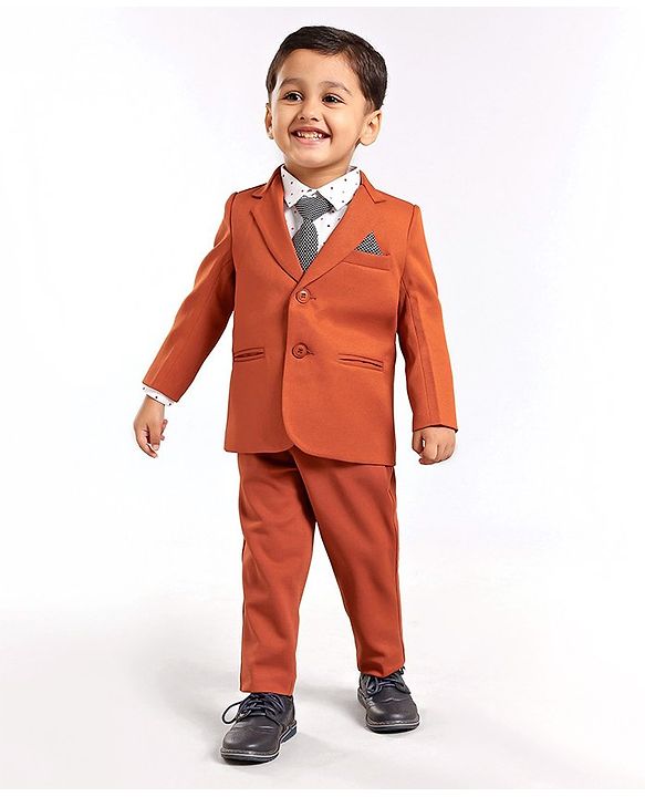 Babyhug Full Sleeves Stretch Fit Party Suit With Tie - Rust