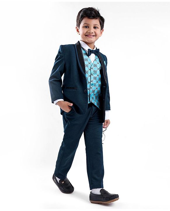 Babyhug Full Sleeves 4 Pieces Party Suit With Bow - Blue