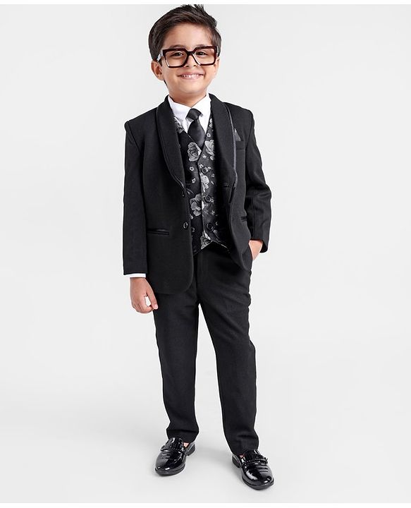 Babyhug Full Sleeves Stretch Fit Blazer & Pant With Floral Jacquard Waist Coat - Black
