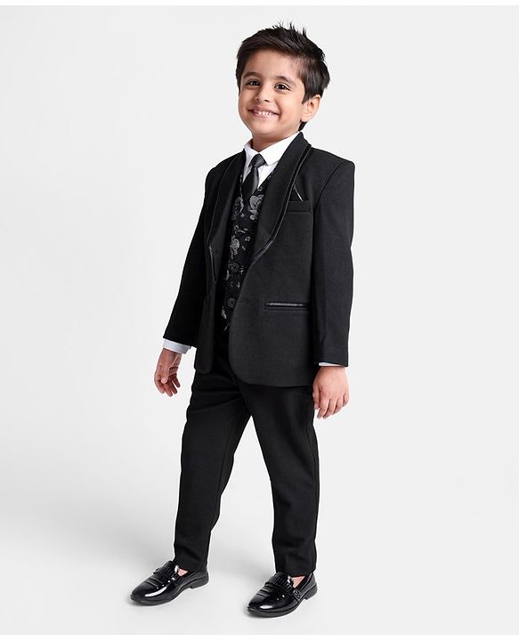 Babyhug Full Sleeves Stretch Fit Blazer & Pant With Floral Jacquard Waist Coat - Black