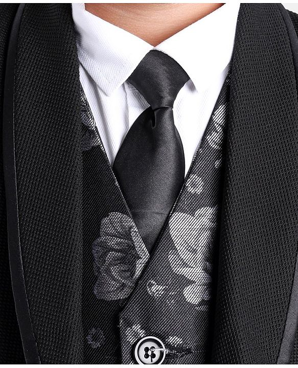 Babyhug Full Sleeves Stretch Fit Blazer & Pant With Floral Jacquard Waist Coat - Black