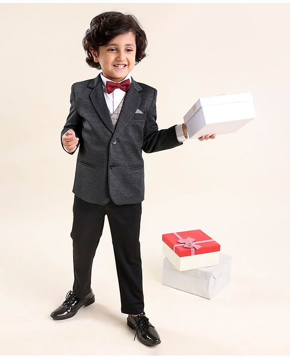 Babyhug Full Sleeves Solid & Checked Party Suit With Bow Detailing - Anthra Black