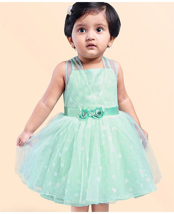 Babyhug Sleeveless Foil Printed Party Frock - Mint Green